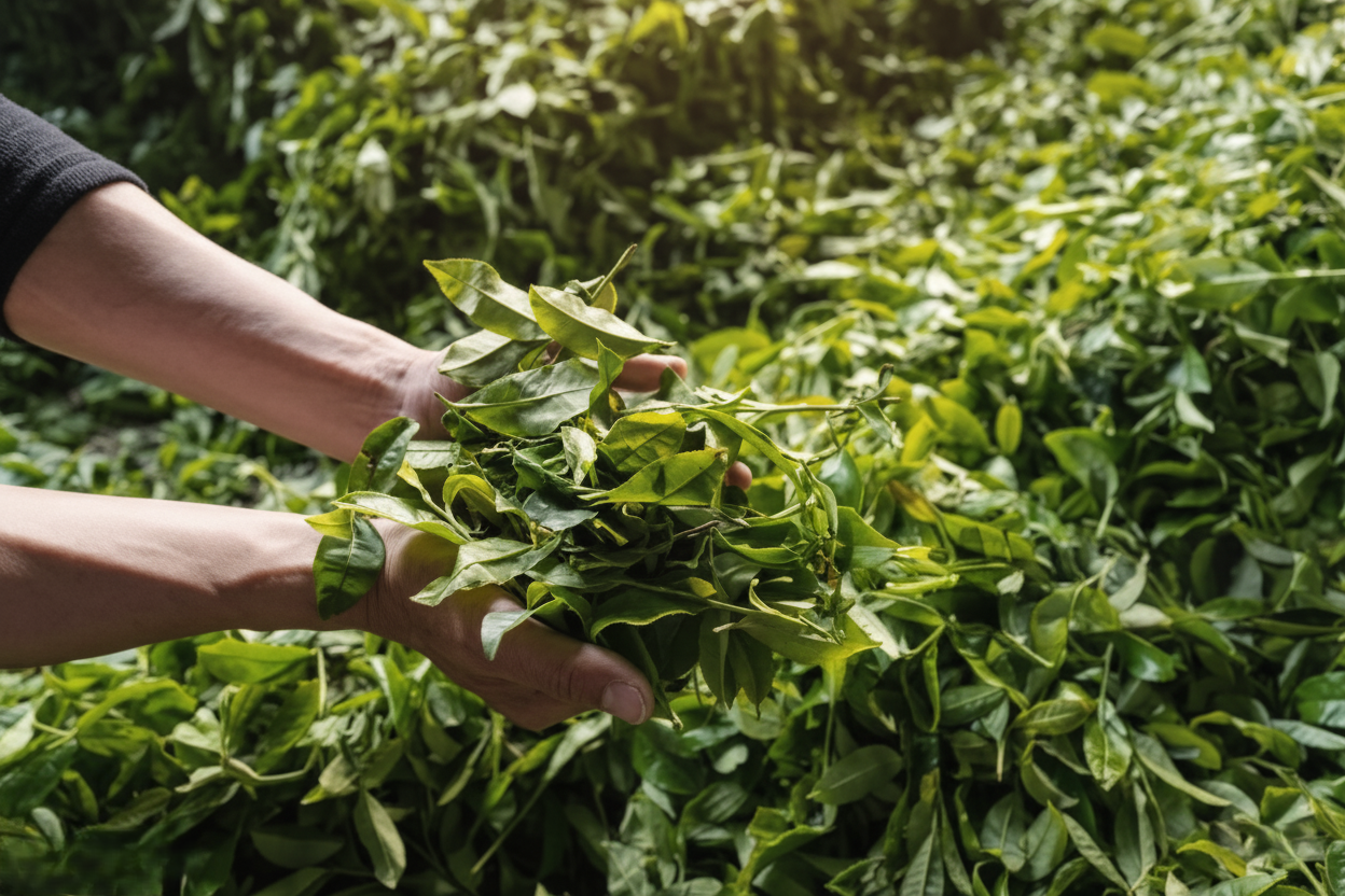 Hands holding fresh tea leaves