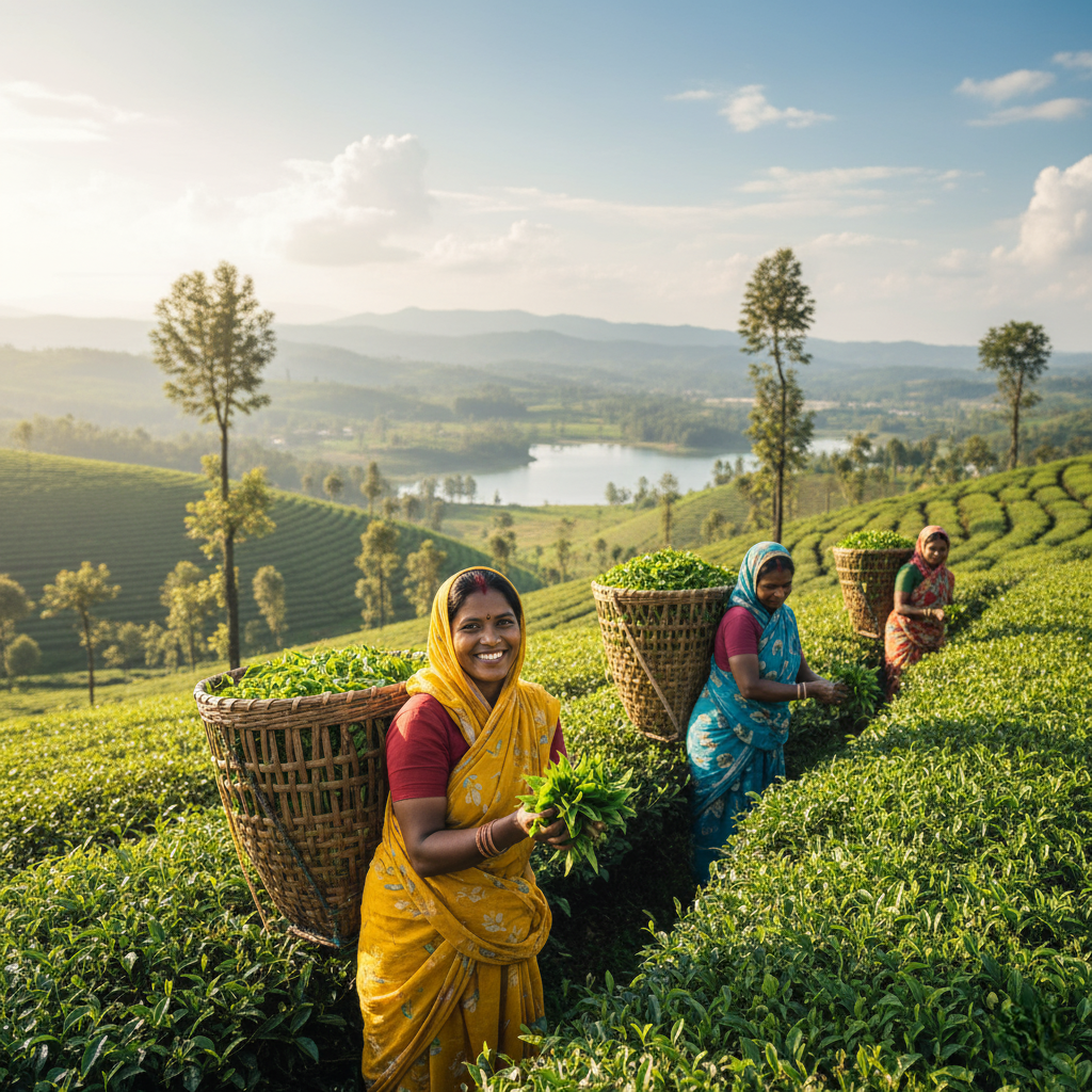 Tea pluckers working in a field in Darjeeling